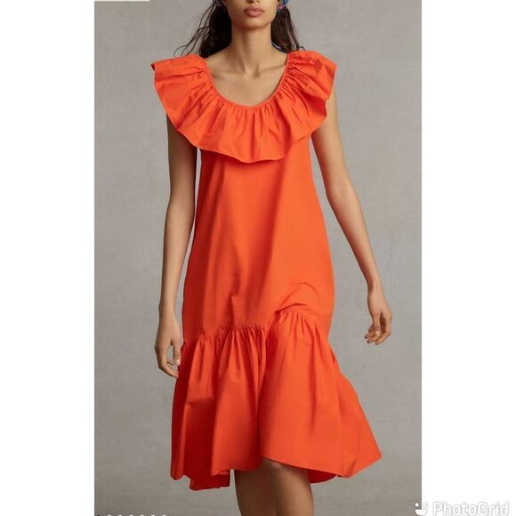 NEW WHIT TWO Anthropologie Flouncy Ruffle Midi Dress Orange XS Petite - Picture 15 of 15